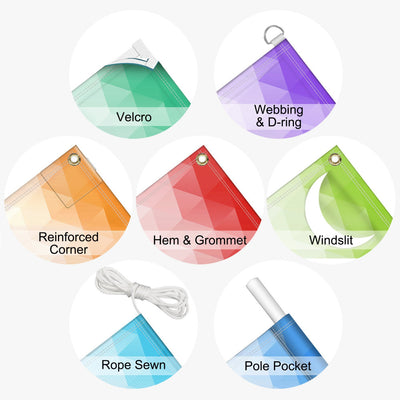 Vinyl banner finishing options including hem and grommets, pole pockets, reinforced corners, D-rings, Velcro, windslits, and rope sewn