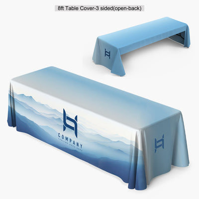 8 ft custom table throw with 3-sided open-back and 4-sided closed-back options