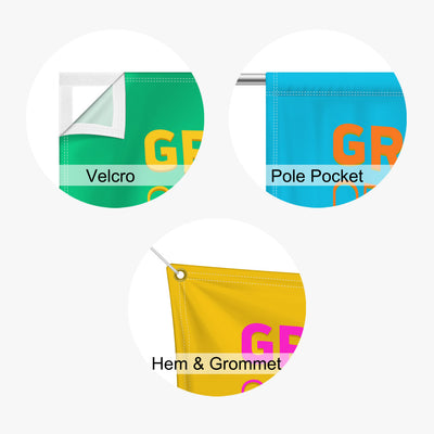 Fabric banner finishing options including Velcro, pole pocket, hem and grommets