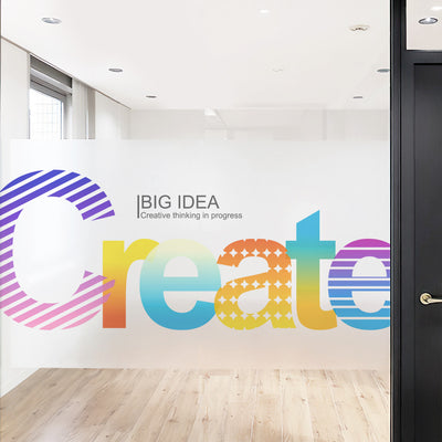 Custom printed frosted window film with colorful graphics on office glass