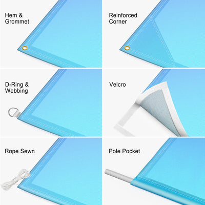 Mesh banner finishing options including hem and grommets, reinforced corners, D-rings, webbing, Velcro, rope sewn, and pole pockets