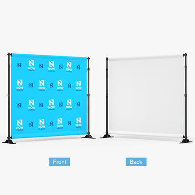 Step and repeat backdrop front and back view with adjustable display frame
