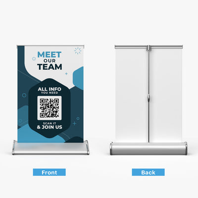 Table top retractable banner stand front and back view