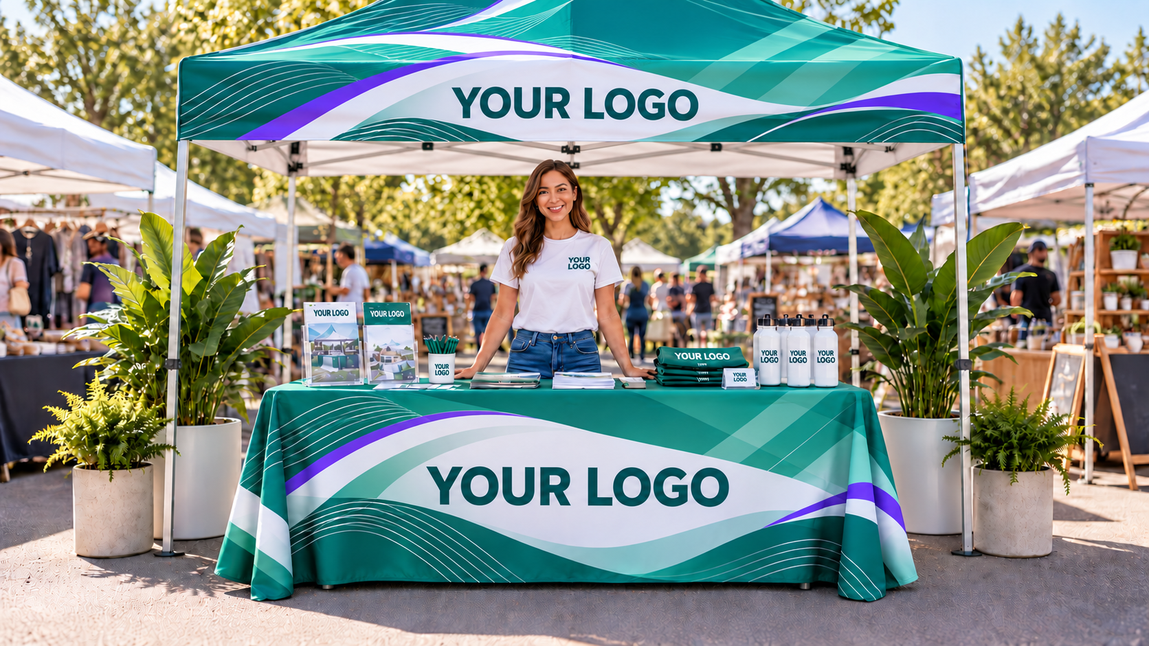 Full-color custom 10' event tent and matching 6' table cover with YOUR LOGO at an outdoor market booth