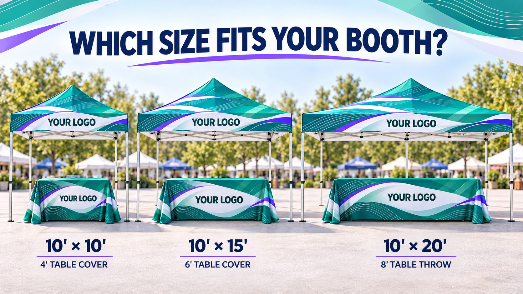 Full-color 10' x 10', 10' x 15', and 10' x 20' custom event tents with matching table covers