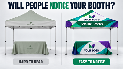 Comparison of a low-contrast event booth and a full-color custom tent with matching table cover