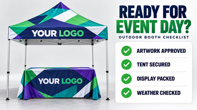 Outdoor event booth checklist with a full-color custom tent and matching table cover