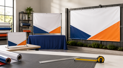 Custom vinyl banners in different sizes displayed in a professional print studio