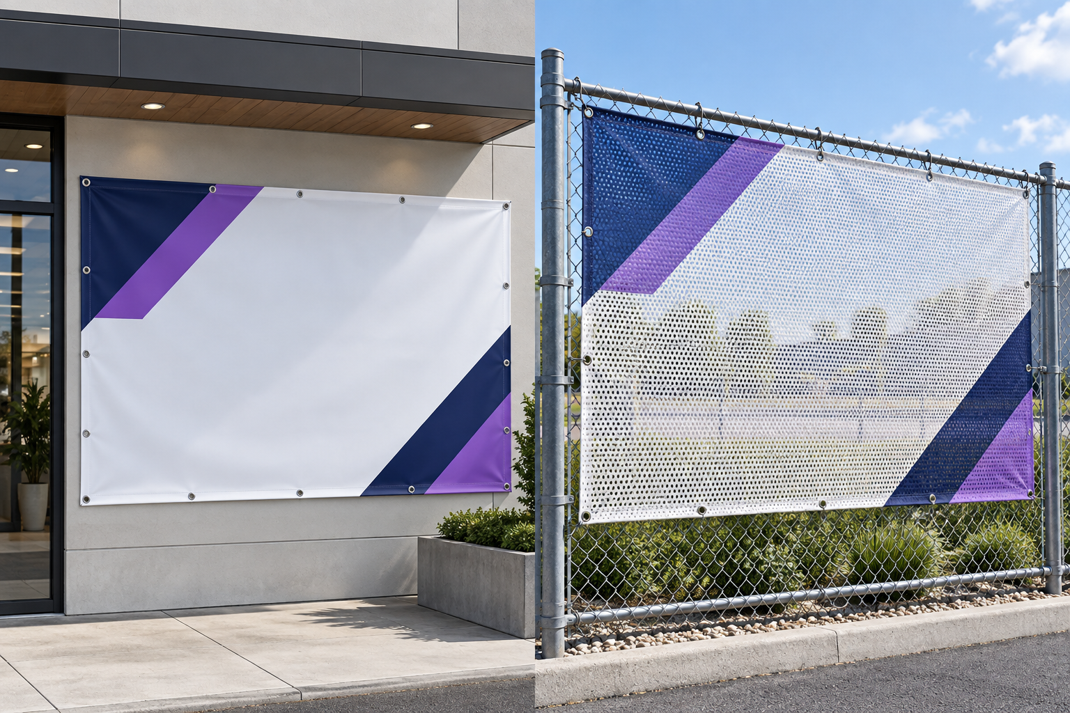 Side-by-side comparison of a solid vinyl banner on a wall and a perforated mesh banner on an outdoor fence