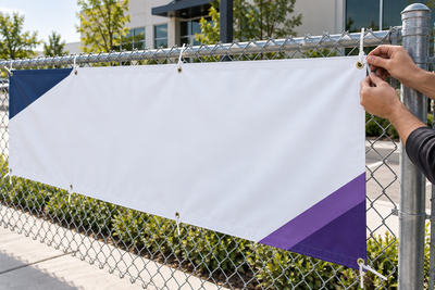 Hands securing a custom banner to a chain-link fence using grommets and zip ties
