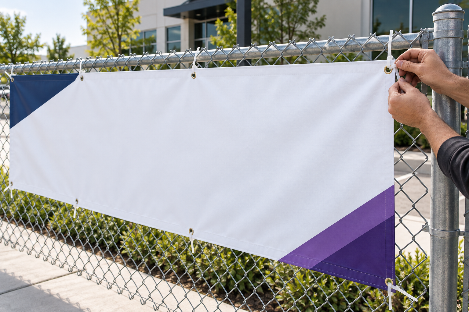 Hands securing a custom banner to a chain-link fence using grommets and zip ties