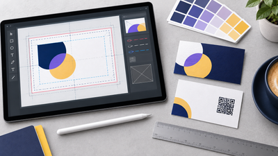 Business card design workspace showing bleed guides, color selection, print-ready artwork, and finished custom business cards