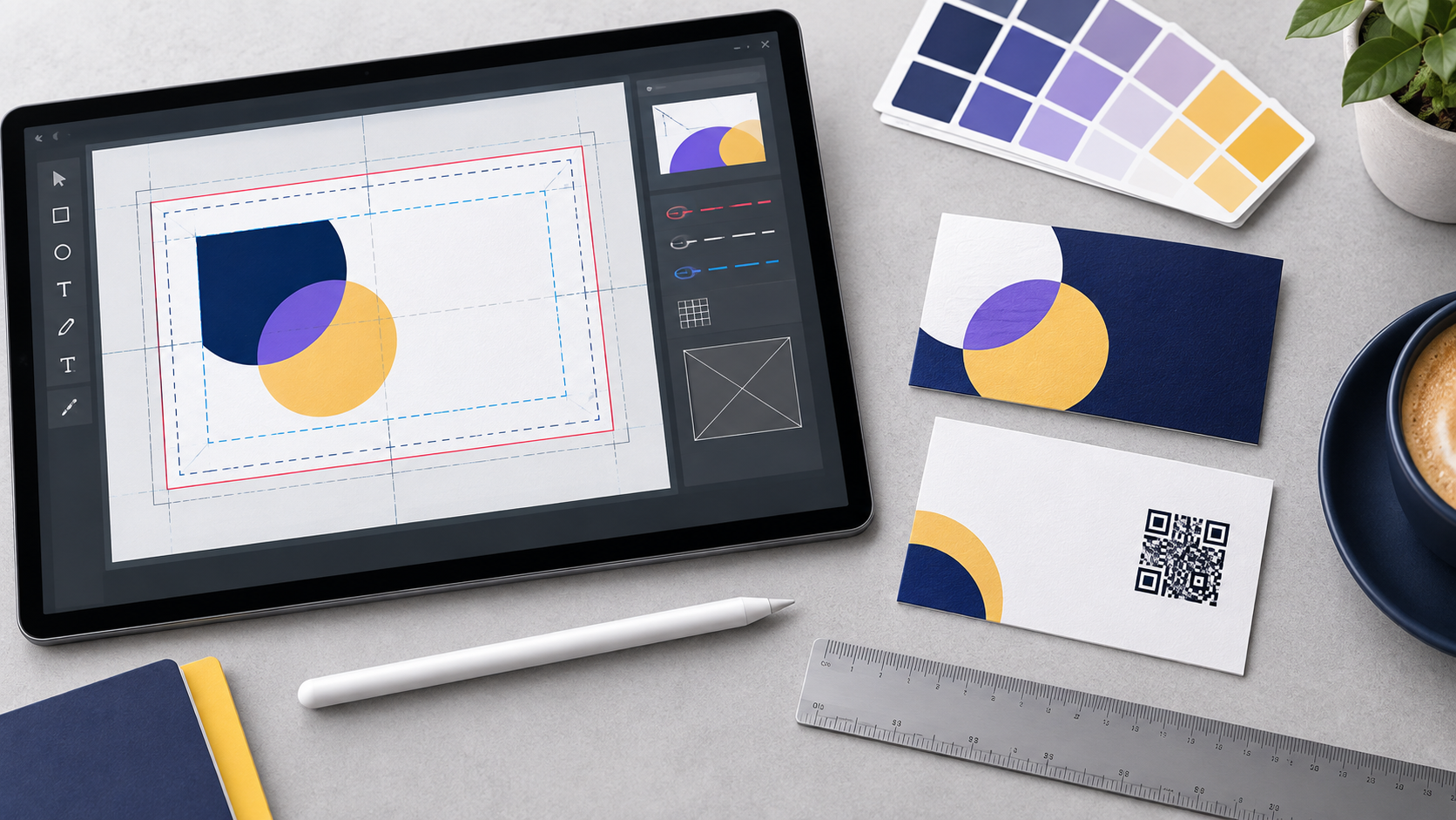 Business card design workspace showing bleed guides, color selection, print-ready artwork, and finished custom business cards