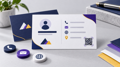 Professional business card layout showing name, phone, email, website, location, and QR code information