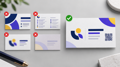 Comparison of common business card design mistakes and a clear print-ready business card layout