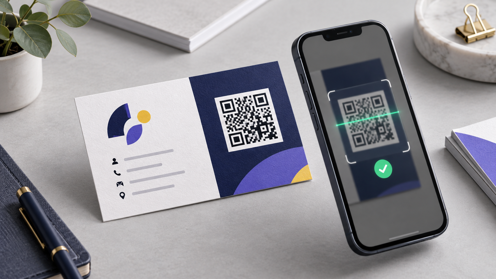 Business card with a QR code being scanned by a smartphone to open an online business page