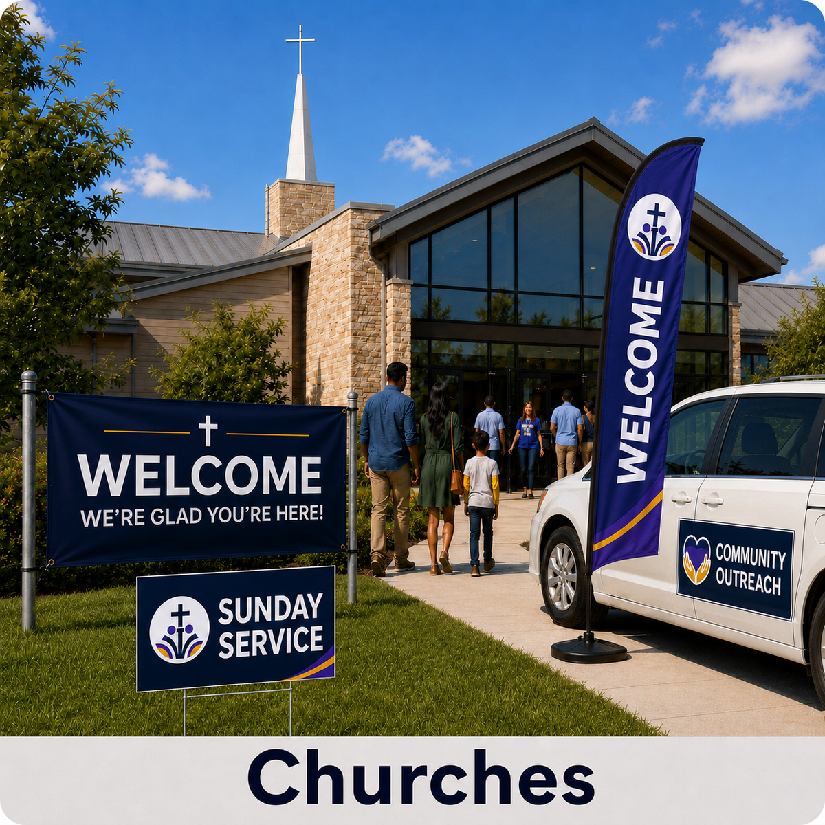Custom church signs featuring a welcome banner, feather flag, yard sign with H-stake, and community outreach car magnet