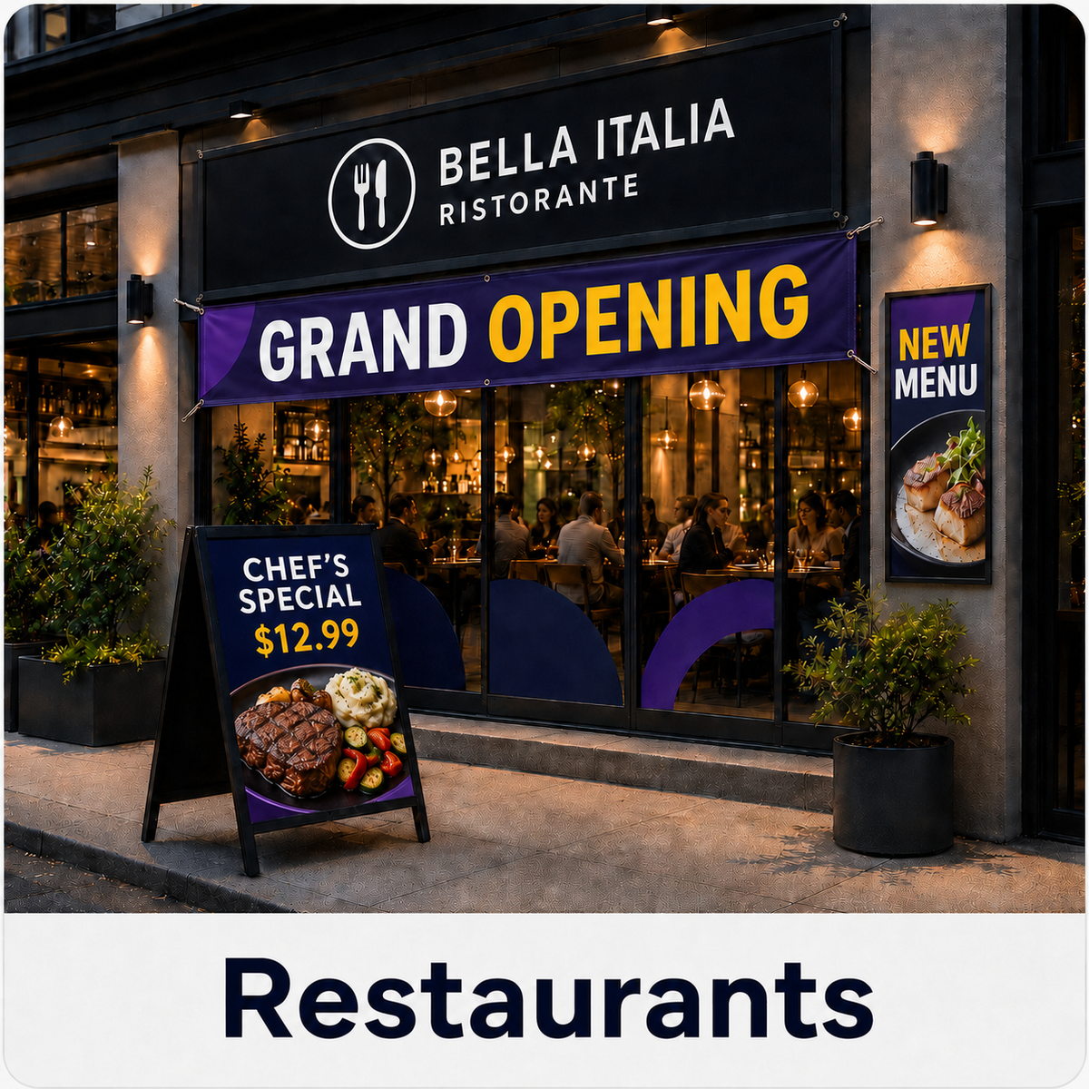 Custom restaurant signs featuring a grand opening banner, A-frame menu sign, window graphics, and wall poster