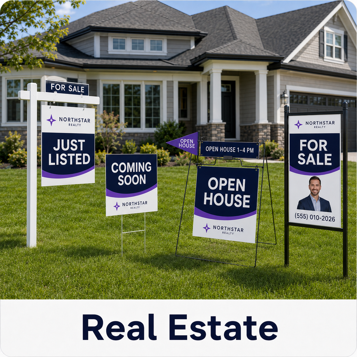 Custom real estate signs featuring a yard sign with H-stake, real estate post, A-frame sign, and metal sign frame