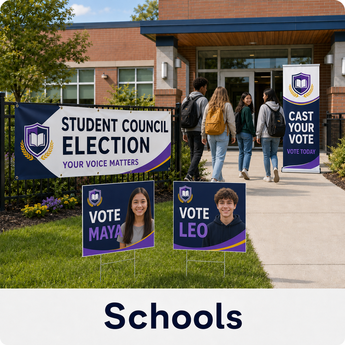 Custom school signs featuring a student council election banner, candidate yard signs, and retractable banner stand