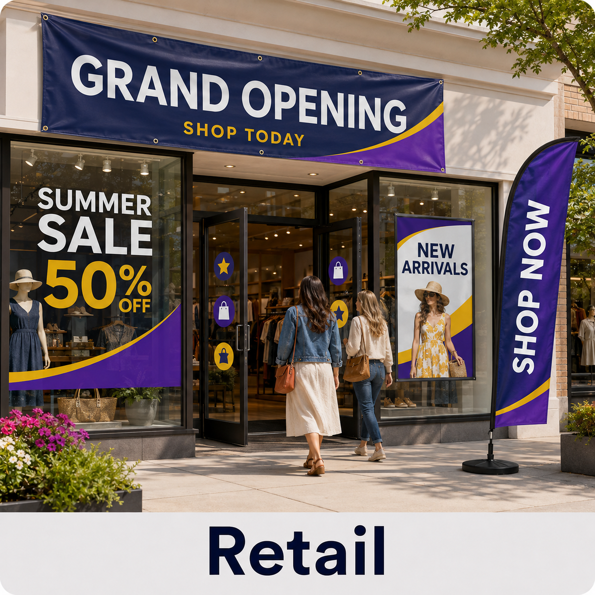 Custom retail signs featuring a grand opening banner, storefront window graphics, promotional poster, and feather flag