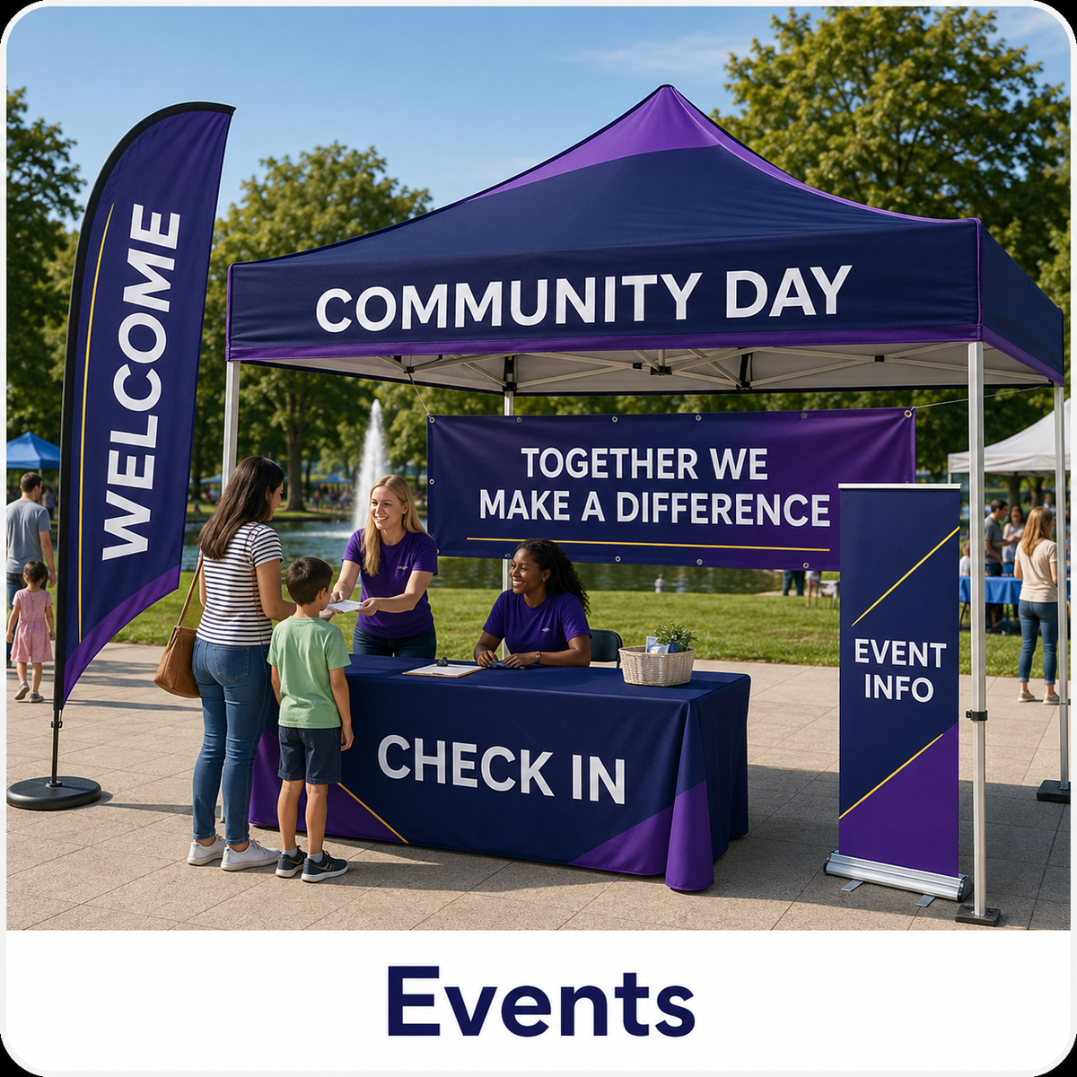 Custom event printing featuring a branded canopy tent, table throw, vinyl banner, feather flag, and retractable banner stand