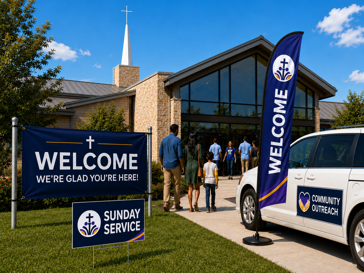 Custom church signs featuring a welcome banner, feather flag, yard sign with H-stake, and community outreach car magnet