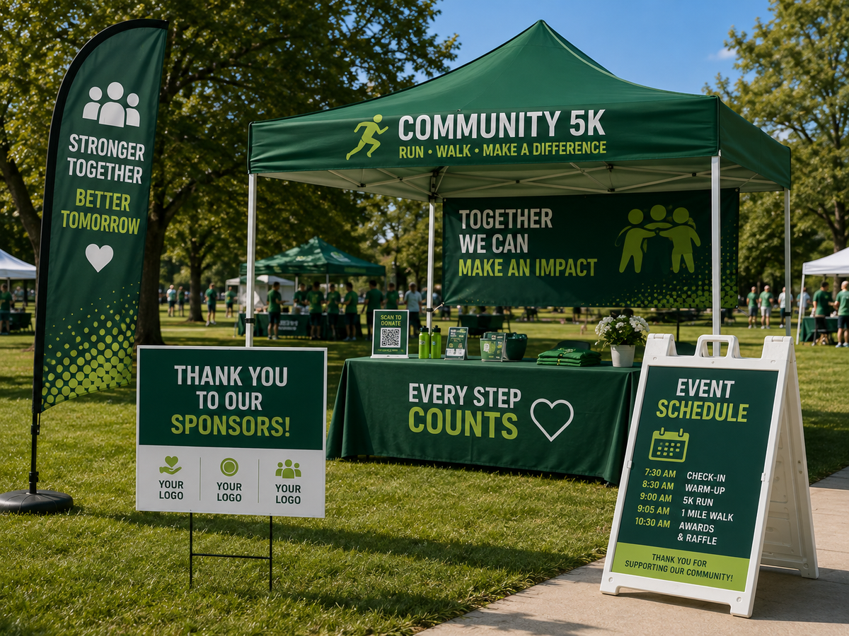 Custom event printing featuring a canopy tent, vinyl banner, feather flag, table cover, and retractable banner stand