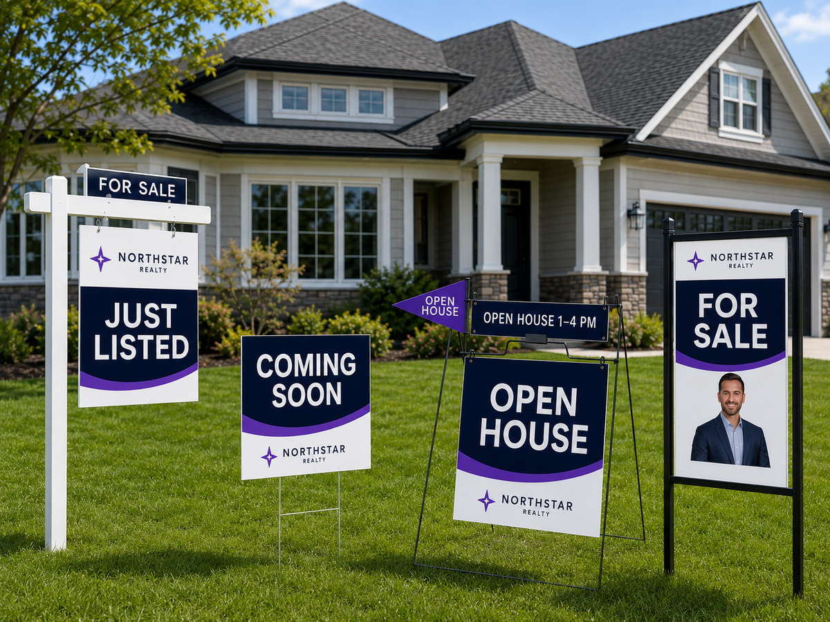 Custom real estate signs featuring a post sign, yard sign with H-stake, A-frame sign, and metal sign frame