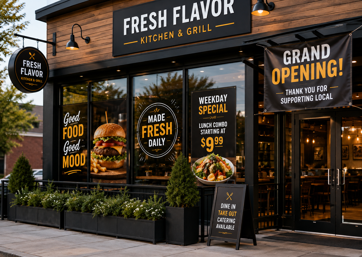 Custom restaurant printing featuring a grand opening banner, window graphics, and an A-frame sign