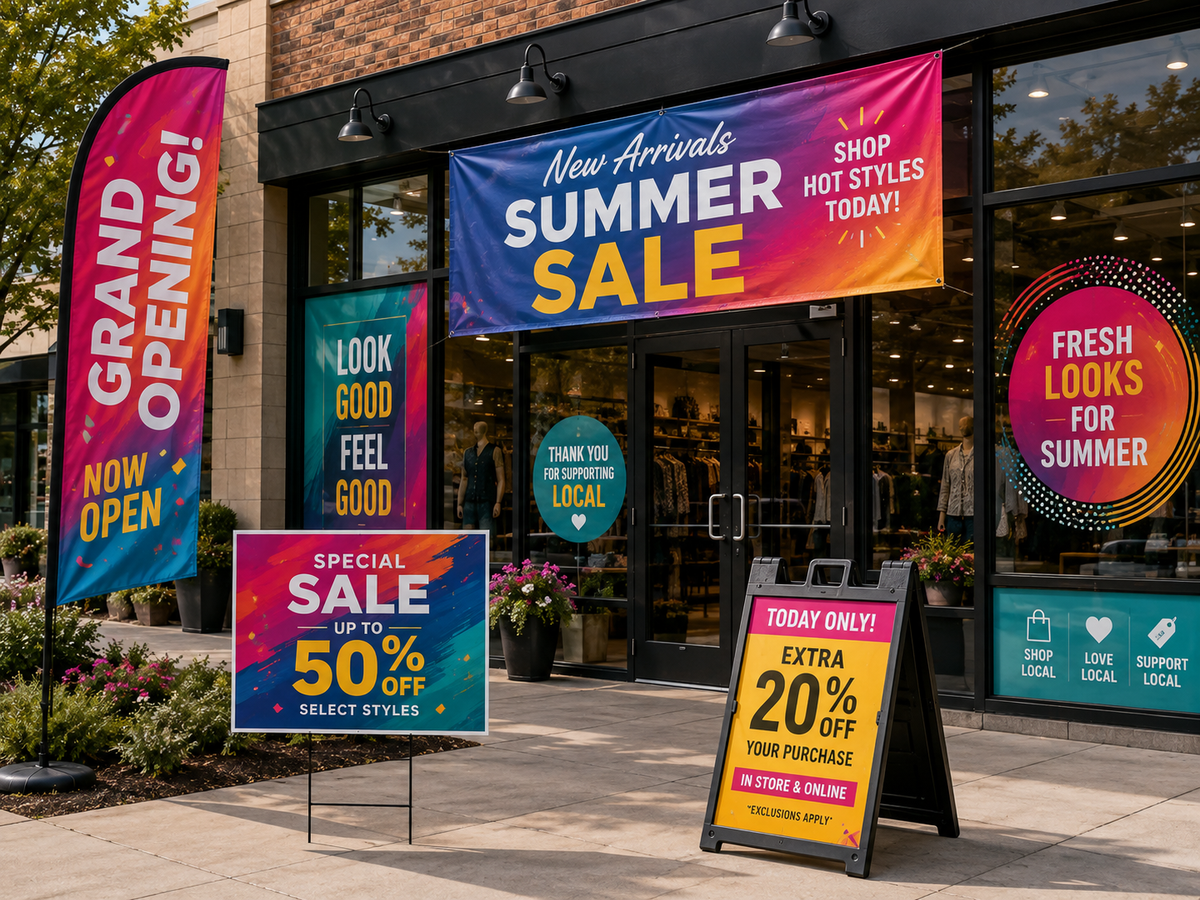 Custom retail printing featuring a grand opening feather flag, promotional banner, and storefront window graphics