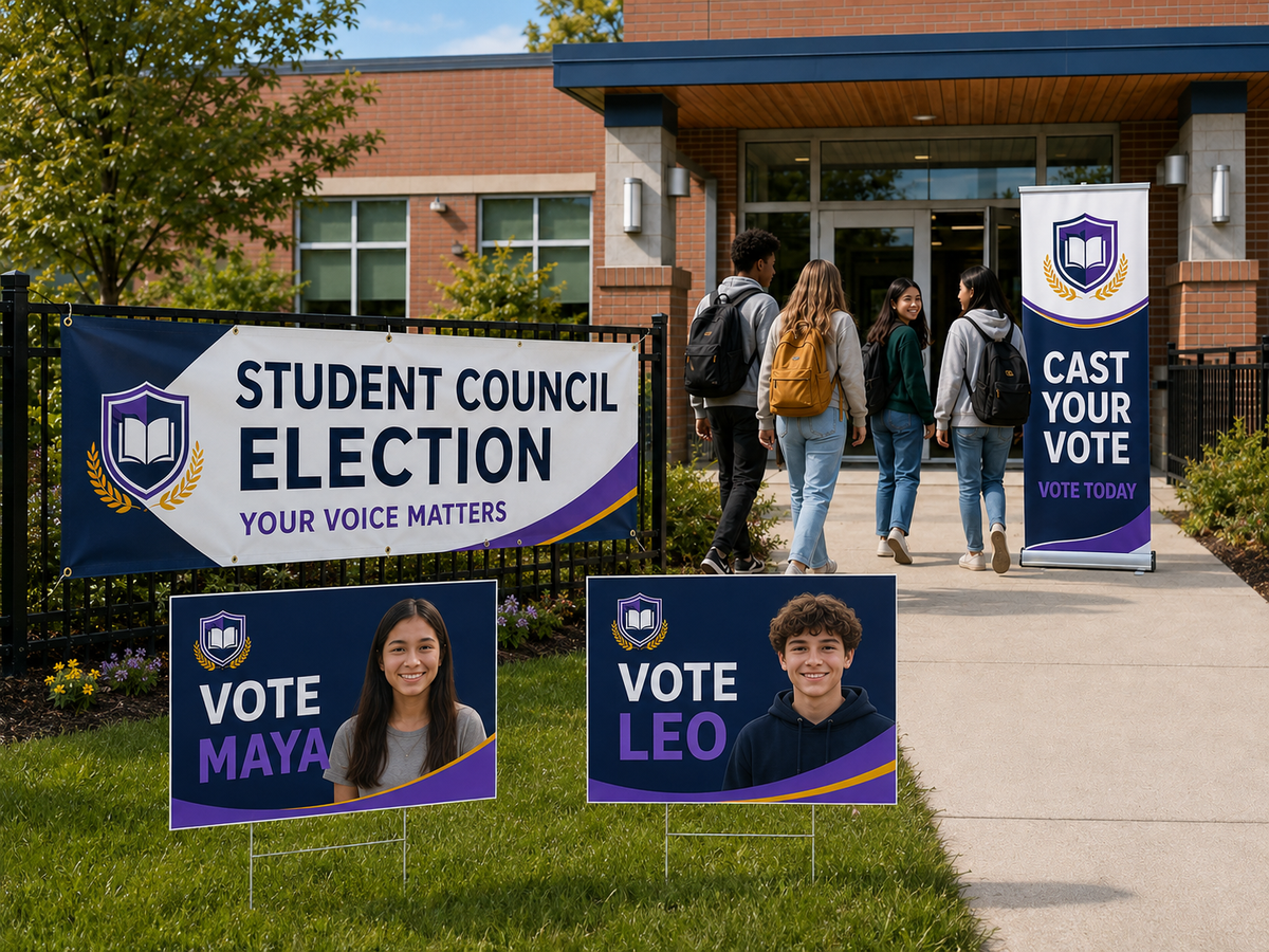 Custom school printing featuring a student council election banner, candidate yard signs, and a retractable banner stand